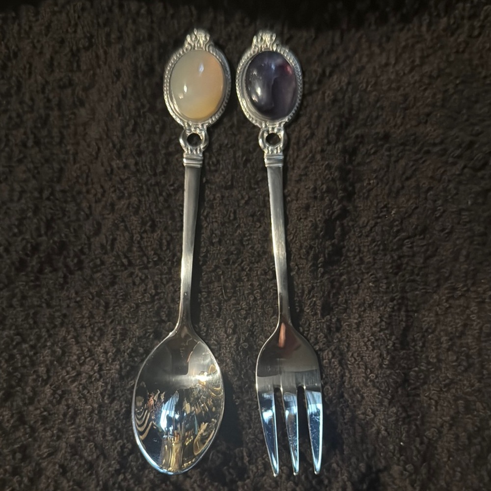 Elegant Silver spoon and fork Set with fluorite stone